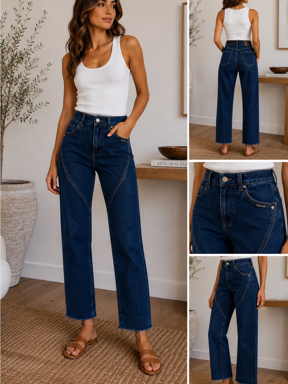 Vintage Rocky Mountain High Rise Wide Leg Jeans Raw Hem Dark Wash